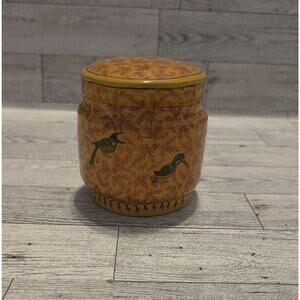 Vintage India Hand Painted Papier Mache Bird Trinket Jar Lidded Box